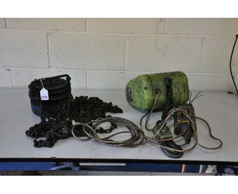 A GIS ELECTRIC WINCH with controller, 250kg max (no plug so untested) and a metal manual block and tackle
