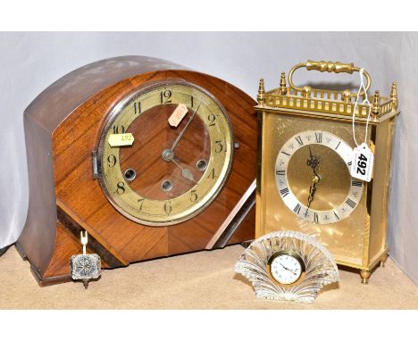 A BENTIMA GILT QUARTZ MANTEL CLOCK, a Royal Brierley glass desk clock sd and an Art Deco walnut cased dome top mantel clock, 