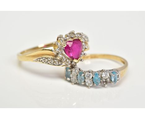 TWO 9CT GOLD GEM SET RINGS, the first of a cluster design set with a central heart cut ruby, within a single cut diamond illi