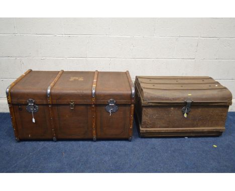 A VINTAGE WOODEN BANDED TRAVELLING TRUNK, missing handles, width 100cm x depth 58cm x height 52cm together with a vintage tin