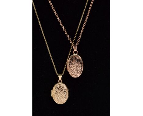 TWO 9CT GOLD LOCKETS AND CHAINS, to include a 9ct rose gold floral engraved oval locket, with a 9ct hallmark for Birmingham, 