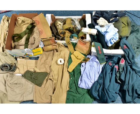 THREE BOXES OF MILITARY STYLE CLOTHING, WWII style webbing, belts, holsters etc, Army/RAF/WVRS etc, sand coloured tropical sh