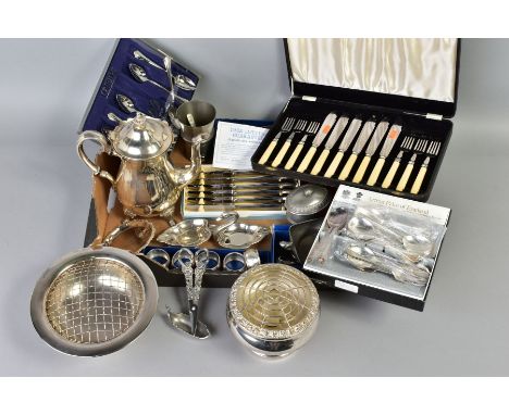 A BOX OF SILVER PLATE AND OTHER METALWARES, including a set of five worn silver napkin rings, 1.93ozt, 59.9 grams, rose bowls