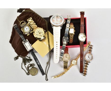 A SMALL SELECTION OF LADIES WRISTWATCHES AND POCKET WATCH, to include various names such as Rotary, Michael Kors, Oasis, Infi