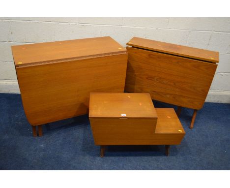 A MID 20TH CENTURY TEAK STEPPED SEWING BOX, with two drawers, together with two various teak gate leg tables (3)