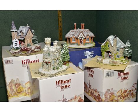 FOUR BOXED LILLIPUT LANE SCULPTURES FROM CHRISTMAS LODGE COLLECTION, 'Highland Lodge' (first) no deeds, 'Eamont Lodge' (secon
