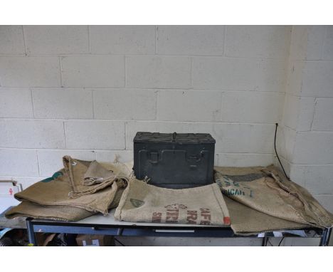 A VINTAGE AMMUNITION BOX, width 470cm x depth 24cm x height 31cm and five hessian coffee bags (6)