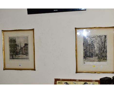 A PAIR OF CONTINENTAL ETCHINGS WITH AQUATINTS, one has Rotary Club logo to lower margin, both indistinctly signed, mounted, f