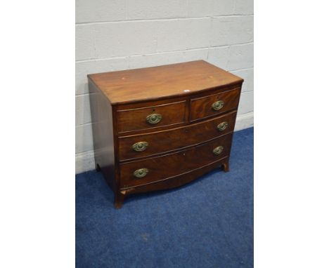 A GEORGIAN MAHOGANY BOWFRONT CHEST OF TWO OVER TWO LONG DRAWERS, on outsplayed bracket feet, width 92cm x depth 51cm x height
