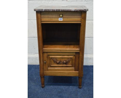 A FRENCH STYLE WALNUT POT CUPBOARD with a veined brown marble top, frieze drawer over open shelf and detailed cupboard door c