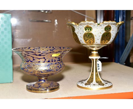 A MID 19TH CENTURY BOHEMIAN OVERLAID GREEN GLASS PEDESTAL BOWL, gilt decoration to exterior surface, wavy castellated rim ove