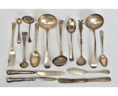 A PARCEL OF ASSORTED FLATWARE AND CUTLERY, including twop George III Old English pattern sauce ladles, London 1797 and 1828, 