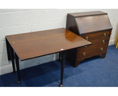 A GEORGIAN MAHOGANY GATE LEG TABLE on padded feet together with an Edwardian mahogany and inlaid bureau (2)