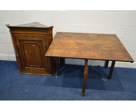 A GEORGIAN OAK GATE LEG TABLE with a single drawer, open width 134cm x closed width 43cm x depth 104cm x height 69cm, togethe