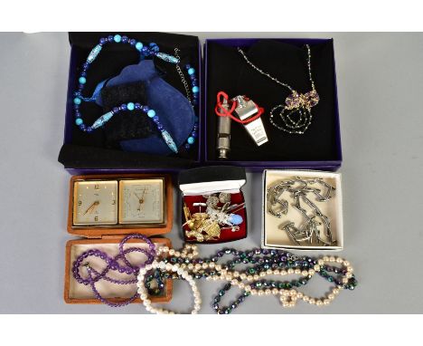 A SELECTION OF ITEMS, to include various beaded costume necklaces two complete with boxes, three pairs of cufflinks, three br