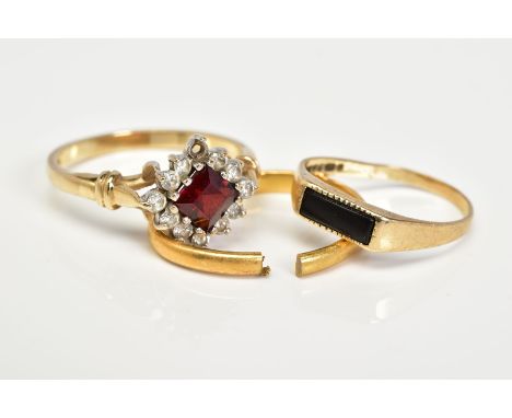 A 22CT GOLD BAND TWO 9CT GOLD RINGS, the plain polished band with a 22ct hallmark for Birmingham, together with a garnet and 