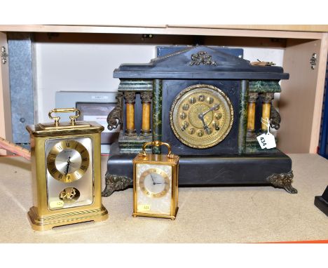 A VICTORIAN EBONISED MANTEL CLOCK with marble effect pillar either side of the gilt dial with Arabic numerals, no pendulum, w