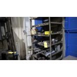 Assorted lot and rack: steel, bolts, etc.