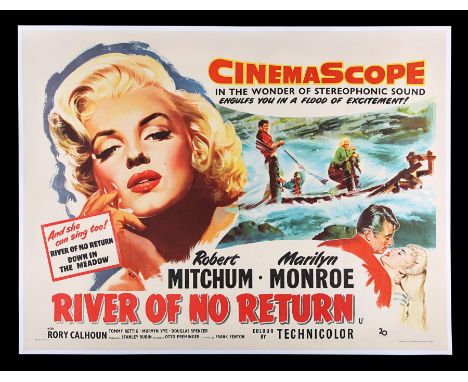 An original British UK Quad for Otto Preminger's 1954 romantic western "River of No Return" featuring some gorgeous images of