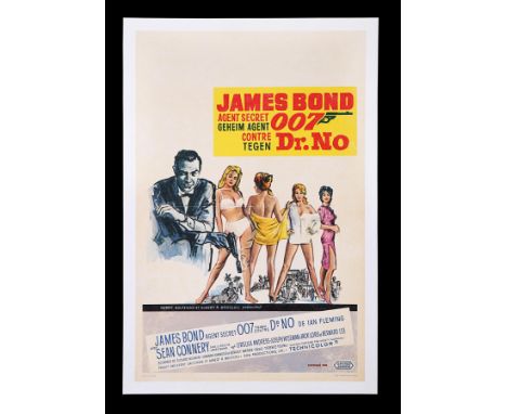 First release 1962 small Belgian affiche for the premiere James Bond adventure "Dr. No". Mitchell Hooks' artwork from his UK 