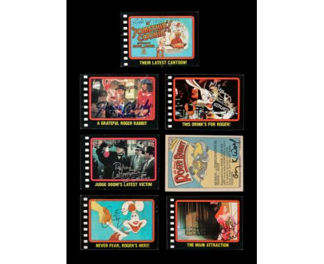 Seven autographed "Who Framed Roger Rabbit" (1987) US trading cards. The cards have been signed by five of the voice-over sta