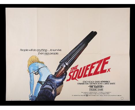 UK Quad poster for the crime drama "The Squeeze" (1977). British artist Vic Fair designed and illustrated both Quads for this