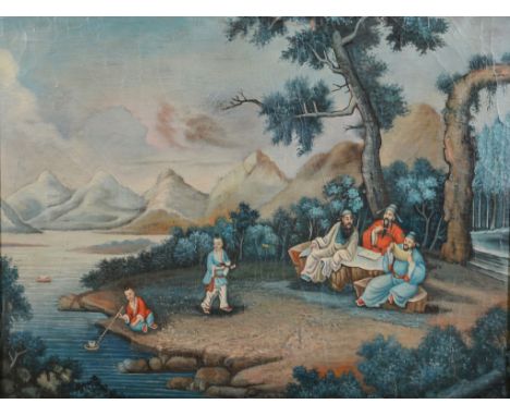  Chinese School Chinese scholars by a lake with children playing oil on canvas 69cm x 91cm 