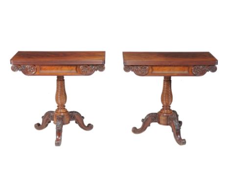  A pair of mahogany card tables in Victorian style  , circa 1860, probably French, each top opening to circular baise playing