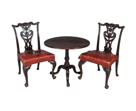  A pair of George III mahogany dining chairs,   circa 1760, each  with red leather seats,   together with a George III mahoga