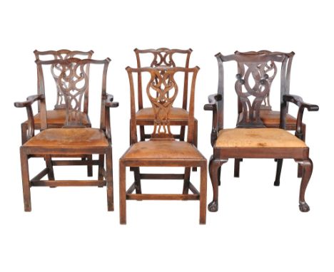  A set of five George III mahogany dining chairs  , circa 1770, in the manner of Thomas Chippendale, including one armchair, 