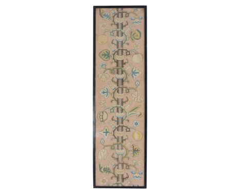  A Continental embroidered panel,   probably late 17th / early 18th century, of rectangular form, depicting a climbing and fr