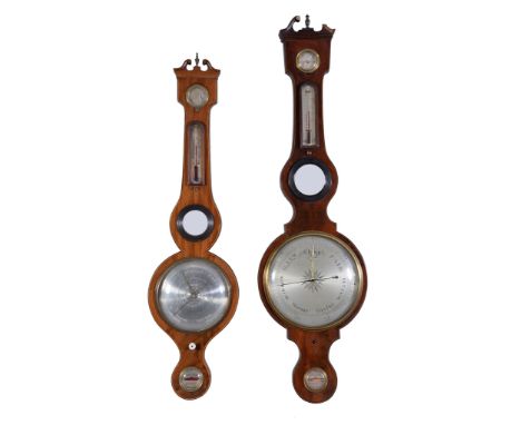  A mahogany and line inlaid wheel barometer  , second quarter 19th century, with dry/damp dial above thermometer, mirrored bo