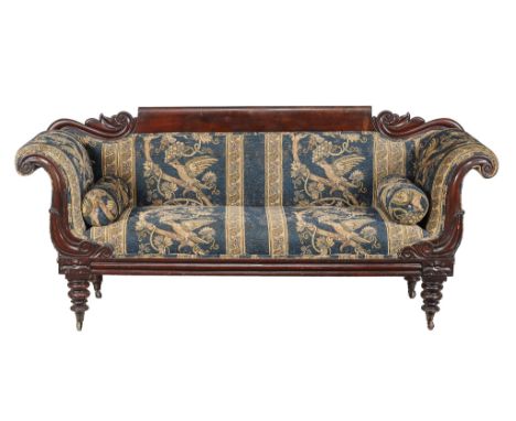  A Victorian mahogany and upholstered sofa,   circa 1850, the scrolling showframe above lappet carved legs, 91cm high, 215cm 