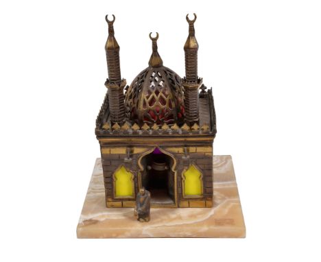  A gilt brass, glazed and onyx mounted table lamp in the form of a mosque,   second quarter 20th century, the hexagonal secti