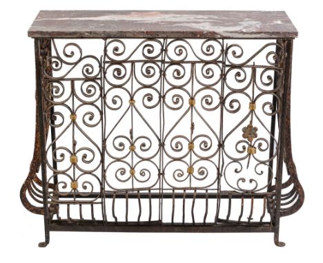  A wrought iron and parcel gilt console table  , late 19th century,  82cm high, the red variegated marble top 91cm wide, 32cm