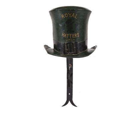  A toleware and wrought iron mounted hatter's shop sign,   second quarter 20th century, the green painted top hat inscribed  