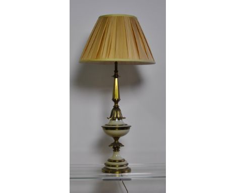 Lamp, a single tall brass lamp, brass and cream enamel, shaped body with petal decoration, with shade, height without shade 7