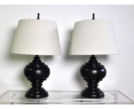 Lamps, pair of black globe shaped lamps, with cream linen shades and top shaped wooden mount, height 72 cm width 46 cm base 2