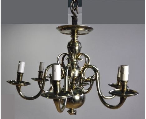 Chandelier, Dutch, antique, brass, 6 arm, 6 light, height 50 cm width 63 cm depth 63 cm