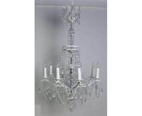 Chandelier, large antiqued white finish, 8 arm, 8 light with crystal droppers (boxed) height 120 cm width 78 cm depth 78 cm