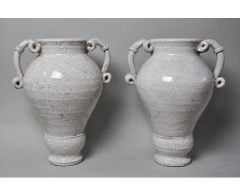 Pair of ceramic vases, crackle off white finish, height 42 cm width 30 cm