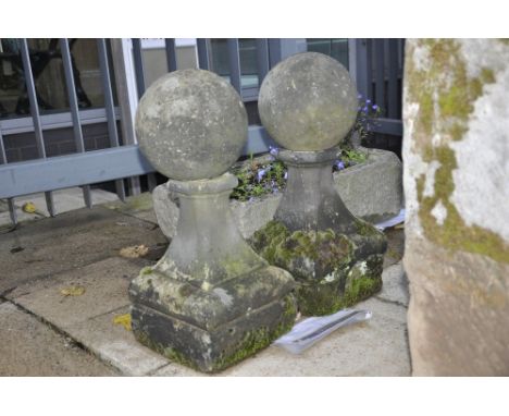 Gate post finials, a pair, stone, height 57 cm width 26 cm depth 26 cm