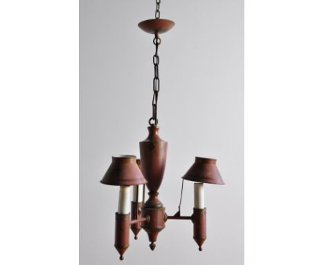 Chandelier, Swedish, tin, three light fitting with musical detailing, height 72 cm, width 43 cm depth 43 cm
