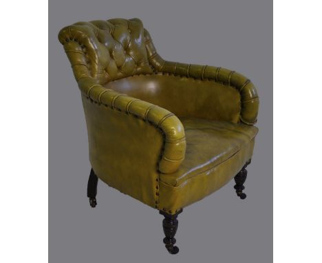 Chair, a green leather button back arm chair, possibly Howard circa 1860, height 76 cm width 65 cm depth 70 cm