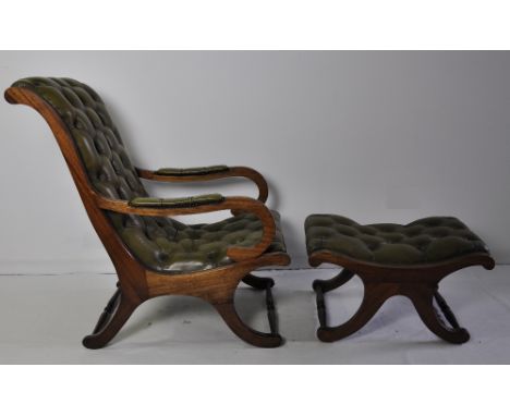 Chair and matching footstool, mahogany framed with green leather button backed to both.  Chair height 100 cm width 58 cm dept