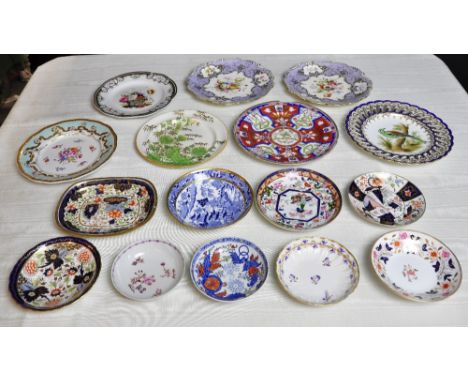 Selection of 19th century Coalport and Staffordshire porcelain plates with ornithological, botanical and dollar pattern plate