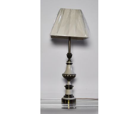 Lamp, single brass and cream enamel lamp, with shade, height without shade 57 cm width 17 cm