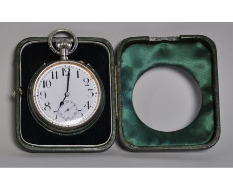 Silver plate Goliath travelling pocket watch in leather case, clock height 10 cm width 7 cm