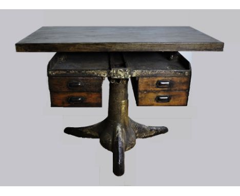 Industrial table, heavy tripod base, raised top, height 89.5 cm width 117 cm depth 62 cm