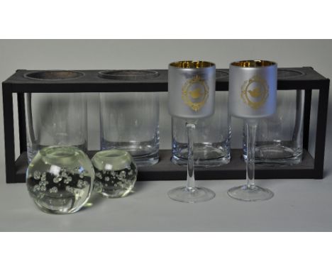 Pair of tall stemmed bird tea light holders, 1 large and 1 small bubble t light holder and a four beaker candle holder in fra